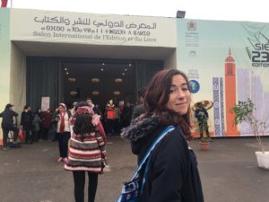 July Blalack at the entrance of the 23rd Annual Casablanca Book Fair in Morocco